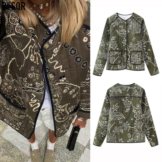 Women's Retro Printed Pocket Decoration Loose Crew Neck Coat