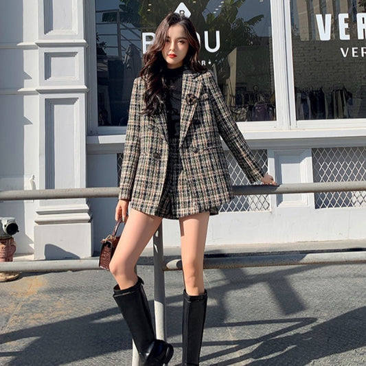 Woolen Plaid Suit Trendy New Style Temperament Suit Jacket Shorts Two Piece Women