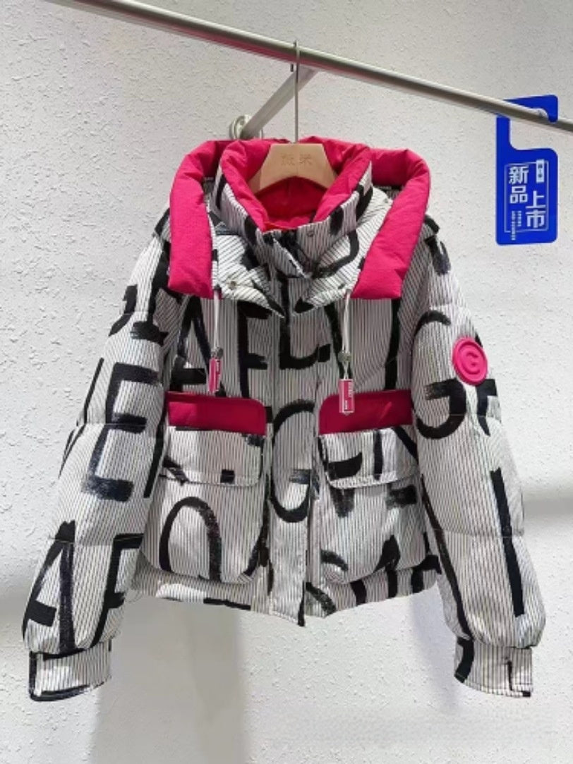 All-match Letters Graffiti Short Hood Down Jacket