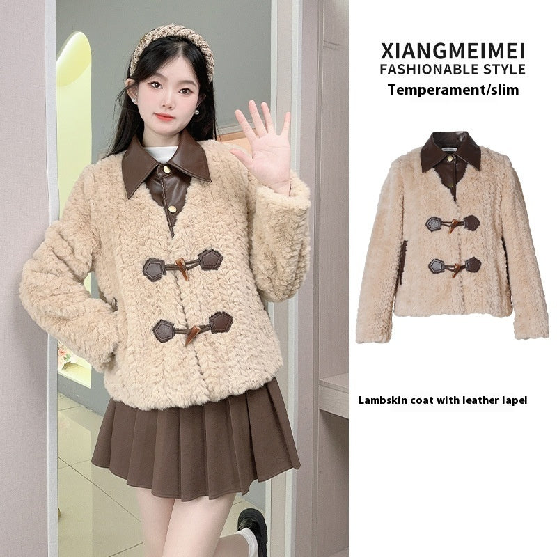 Color Stitching Turnover Neck Thickened Lamb Wool Coat For Women