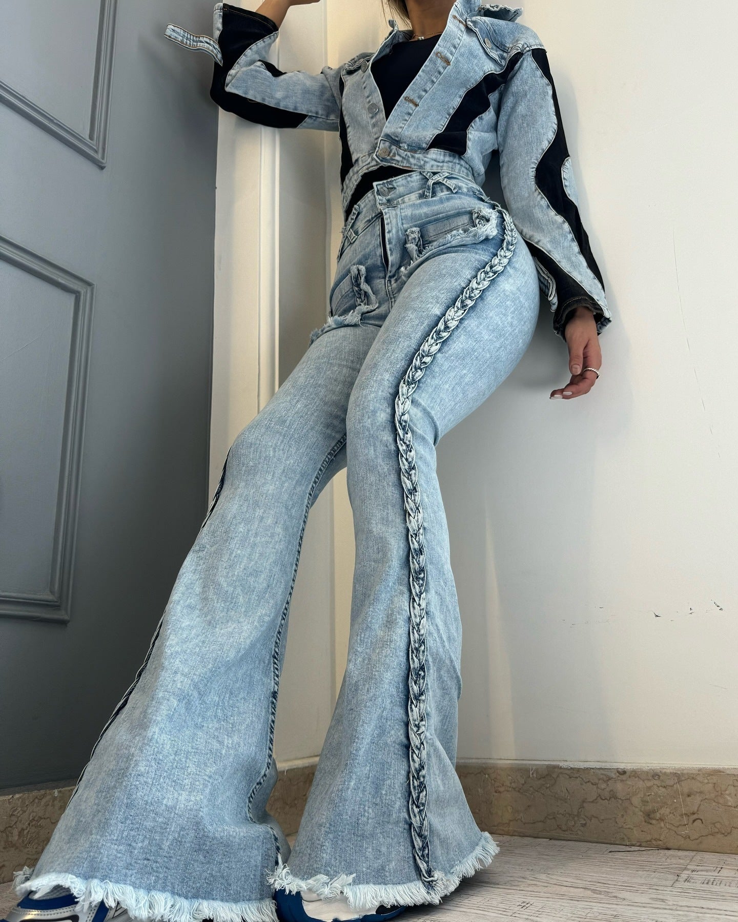 High Waist All-matching Twist Elastic Denim Bell-bottom Pants