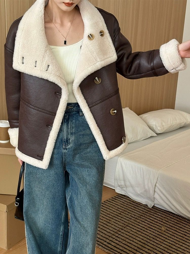 Eco-leather Inner Wool Grain Leather Grass Coat