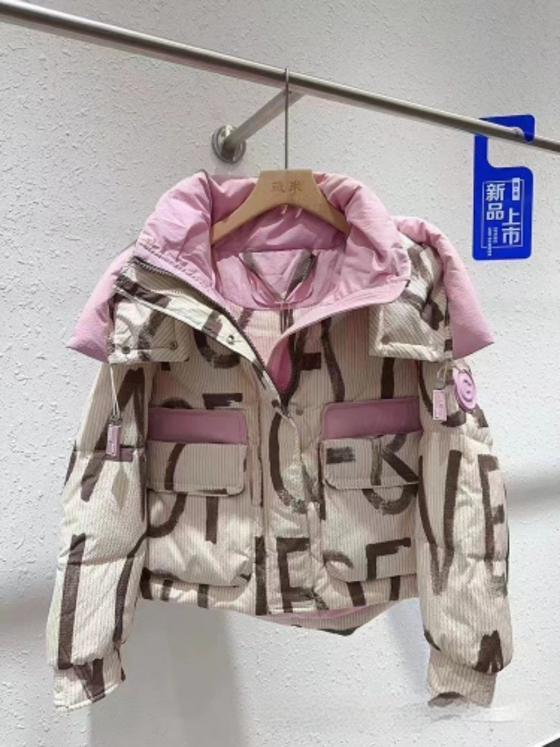 All-match Letters Graffiti Short Hood Down Jacket