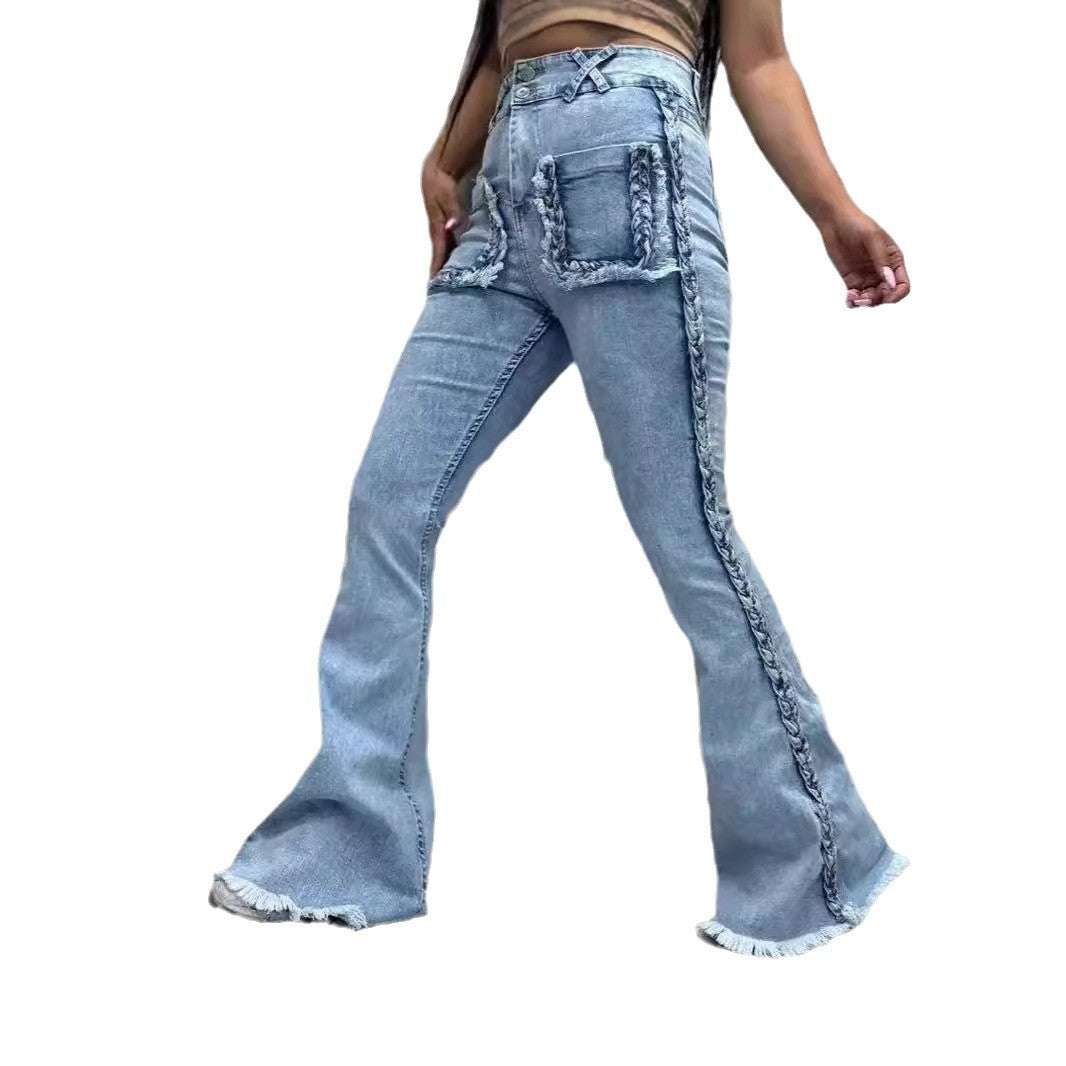 High Waist All-matching Twist Elastic Denim Bell-bottom Pants