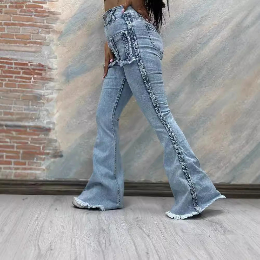 High Waist All-matching Twist Elastic Denim Bell-bottom Pants