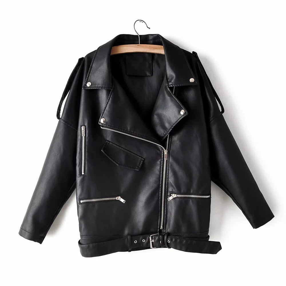 Chain Loose Female PU Leather Jacket